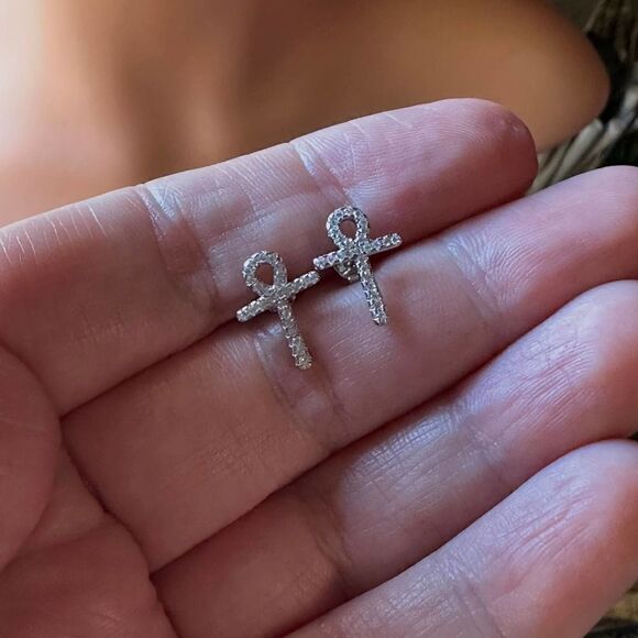 Ankh Cross Sterling Silver CZ Earrings - Picture 5 of 5